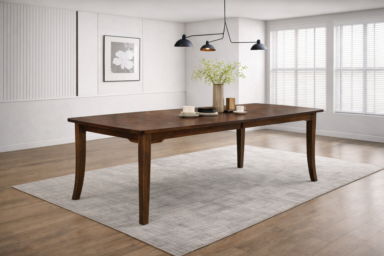 Wood dining table in a warm dining space