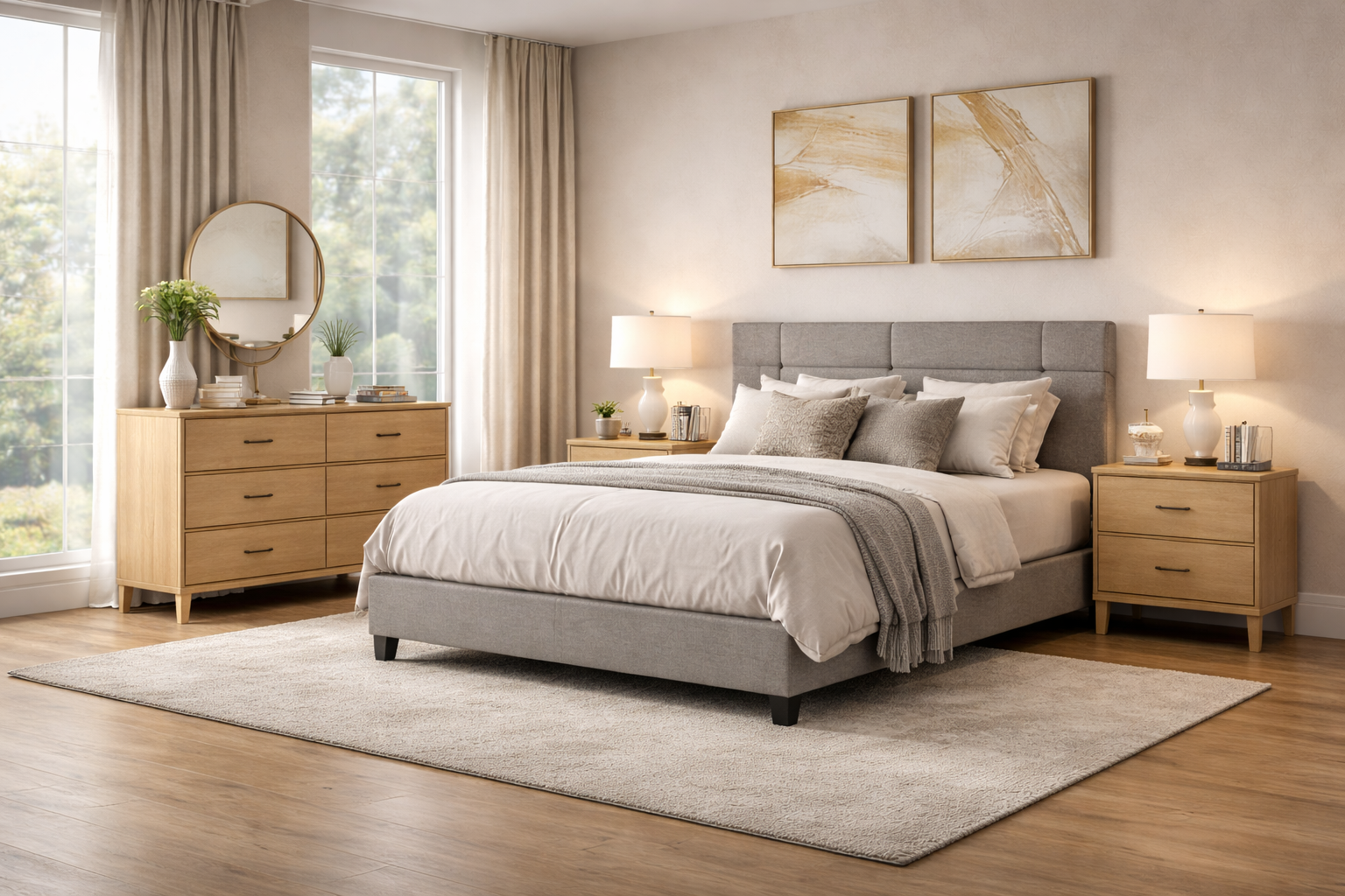 Queen bedroom set with upholstered bed and matching nightstands